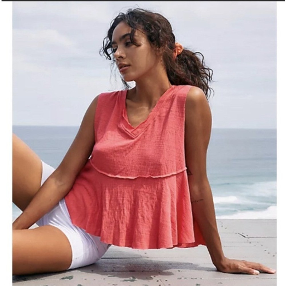 Movement Free People Women Coral Knit Peplum Tank Top V-Neck Size XS Boho Beach